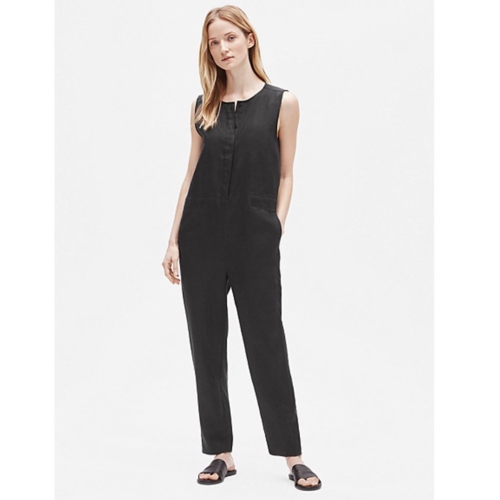 Eileen Fisher Black Organic Linen Round Neck Sleeveless Jumpsuit Sz Medium